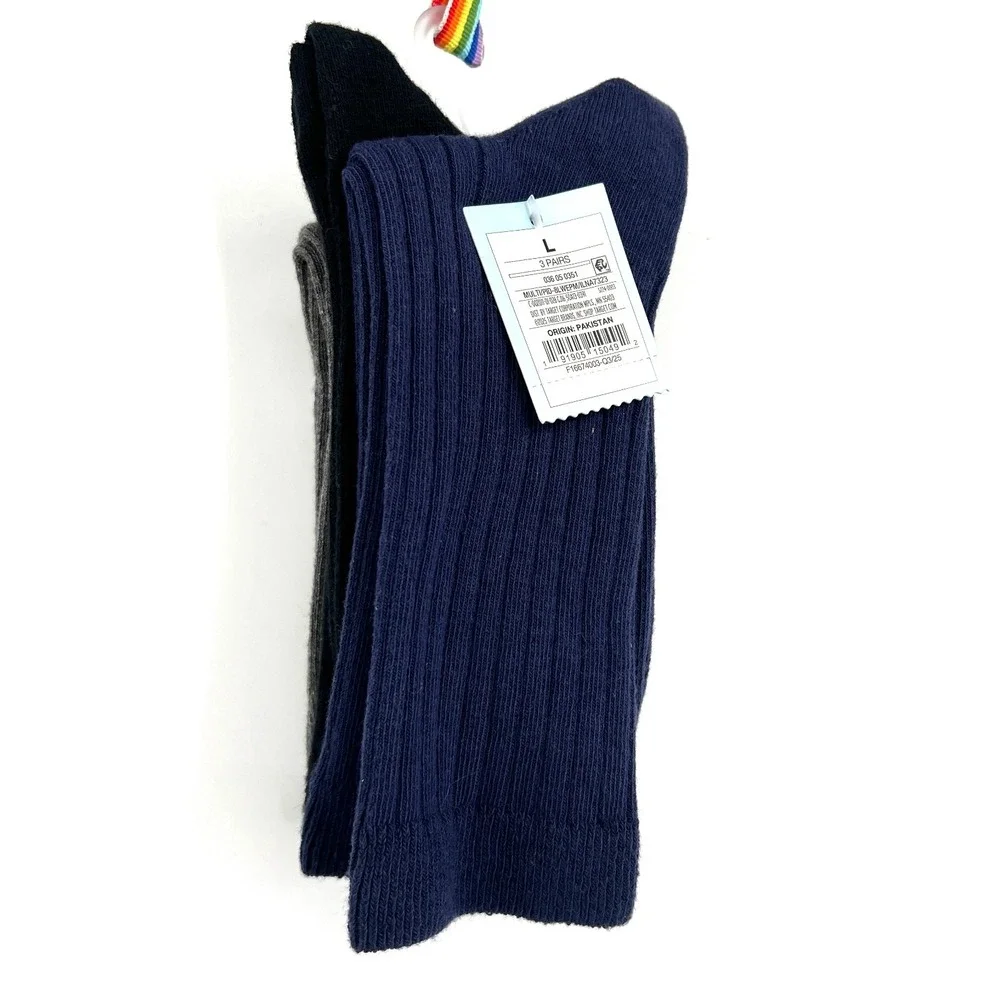 NEW Cat & Jack 3 pack uniform crew socks navy black gray cotton blend L 3-7